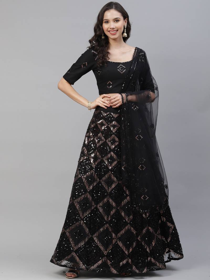 Shubhkala Charming Black Net Embroidered Choli Blouse With Lehenga Ghagra With Dupatta