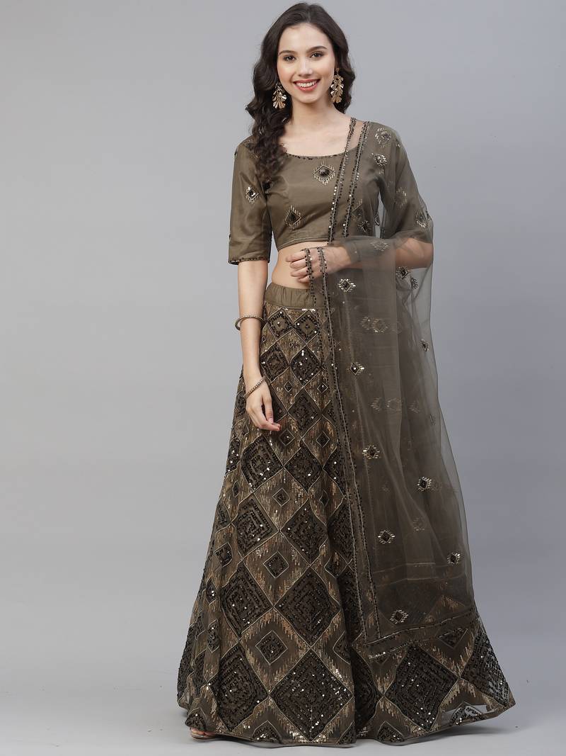 SHUBHKALA olive georgette embroidered   Choli Blouse with   Lehenga Ghagra with    Dupatta