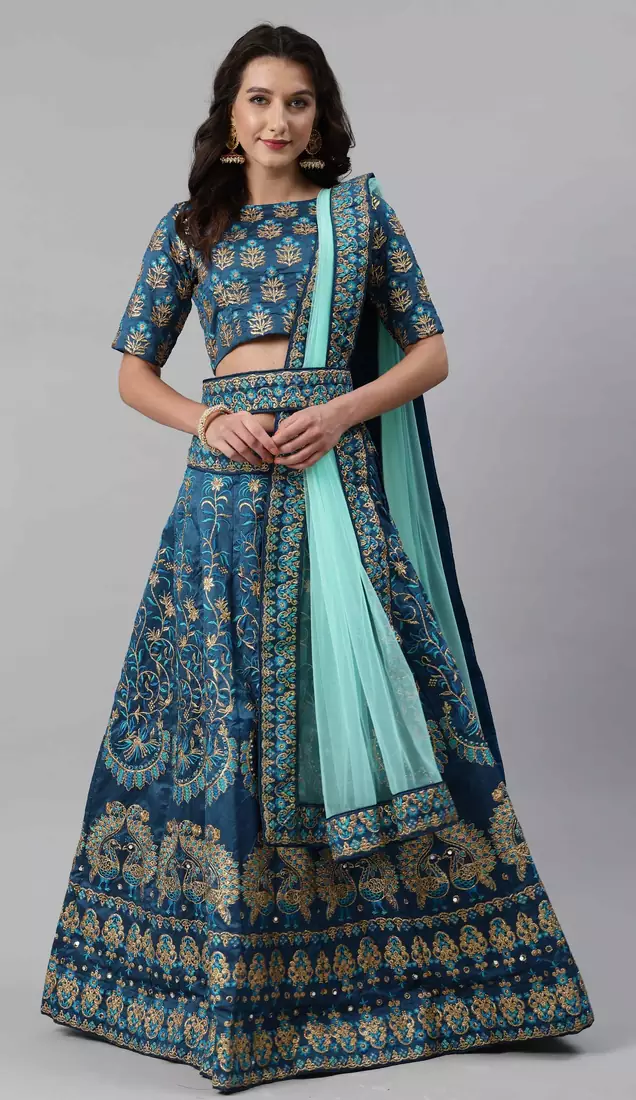           BHKALA Turquoise Embroidered silk UNSTITCHED LEHENGA WITH BLOUSE