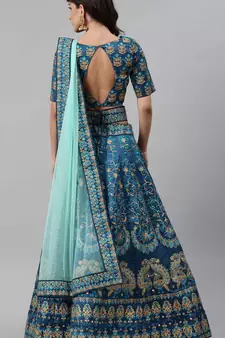 SHUBHKALA Turquoise Embroidered silk UNSTITCHED LEHENGA WITH BLOUSE