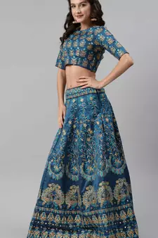 SHUBHKALA Turquoise Embroidered silk UNSTITCHED LEHENGA WITH BLOUSE