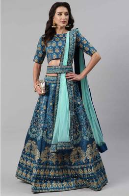 SHUBHKALA Turquoise Embroidered silk UNSTITCHED LEHENGA WITH BLOUSE 5
