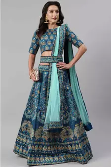 SHUBHKALA Turquoise Embroidered silk UNSTITCHED LEHENGA WITH BLOUSE