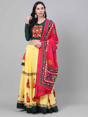 Shubhkala  Yellow Green Embroidered Cotton Navratri Dandiya Raas Garba Semi Stitched Lehenga Choli 1