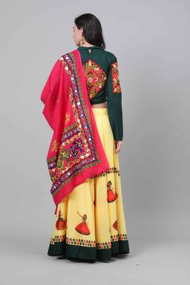 Shubhkala  Yellow Green Embroidered Cotton Navratri Dandiya Raas Garba Semi Stitched Lehenga Choli 2
