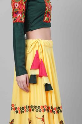 Shubhkala  Yellow Green Embroidered Cotton Navratri Dandiya Raas Garba Semi Stitched Lehenga Choli 4
