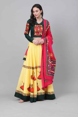 Shubhkala  Yellow Green Embroidered Cotton Navratri Dandiya Raas Garba Semi Stitched Lehenga Choli 5
