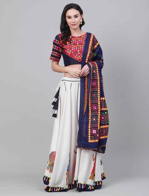 Shubhkala  Off White Blue Embroidered Cotton Navratri Dandiya Raas Garba Semi Stitched Lehenga Choli 1