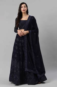 Thread embroidered Georgette Semi Stitched blue Lehenga
