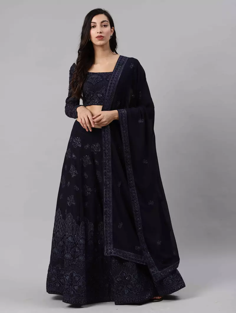 Thread embroidered Georgette Semi Stitched blue Lehenga