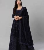 SHUBHKALA Navy Blue Thread embroidered Georgette Semi Stitched Lehenga