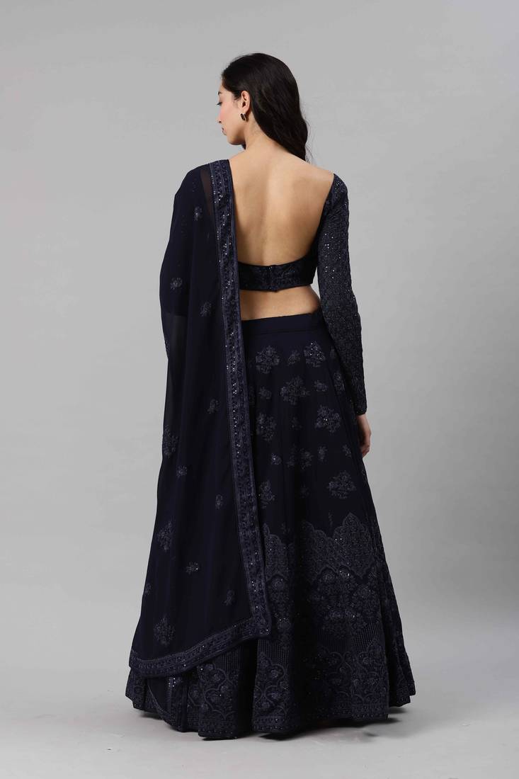 Thread embroidered Georgette Semi Stitched blue Lehenga