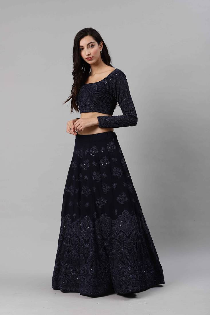 Thread embroidered Georgette Semi Stitched blue Lehenga