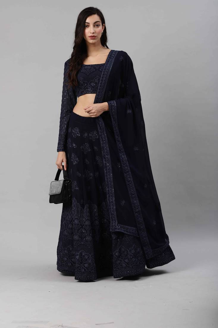 Thread embroidered Georgette Semi Stitched blue Lehenga