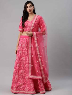 SHUBHKALA Pink Thread embroidered Silk Semi Stitched Lehenga 1