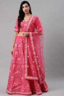 SHUBHKALA Pink Thread embroidered Silk Semi Stitched Lehenga