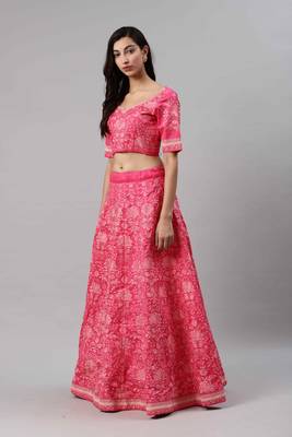 SHUBHKALA Pink Thread embroidered Silk Semi Stitched Lehenga 3