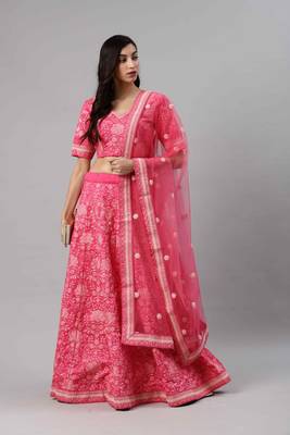 SHUBHKALA Pink Thread embroidered Silk Semi Stitched Lehenga 5