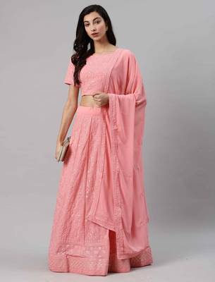 SHUBHKALA Light Pink Thread embroidered Georgette Semi Stitched Lehenga 1