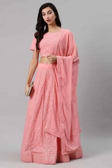 SHUBHKALA Light Pink Thread embroidered Georgette Semi Stitched Lehenga