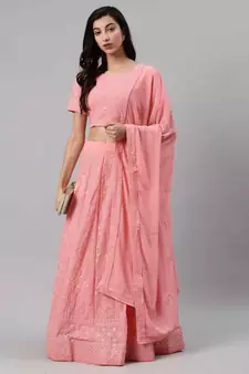 SHUBHKALA Light Pink Thread embroidered Georgette Semi Stitched Lehenga