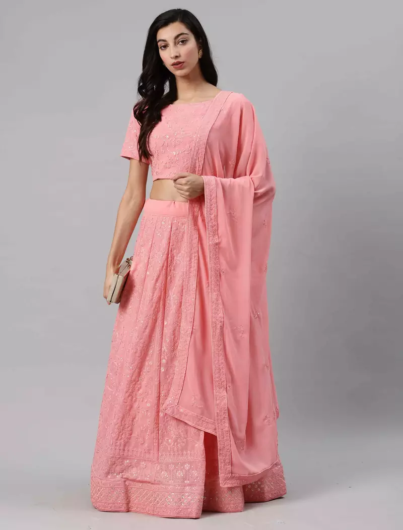 SHUBHKALA Light Pink Thread embroidered Georgette Semi Stitched Lehenga