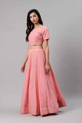 SHUBHKALA Light Pink Thread embroidered Georgette Semi Stitched Lehenga 3