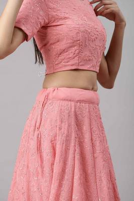 SHUBHKALA Light Pink Thread embroidered Georgette Semi Stitched Lehenga 4
