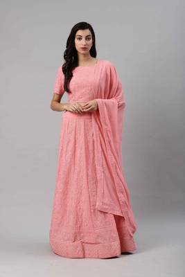 SHUBHKALA Light Pink Thread embroidered Georgette Semi Stitched Lehenga 5