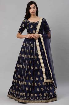 SHUBHKALA NAVY BLUE EMBROIDERED SILK SEMI STITCHED LEHENGA
