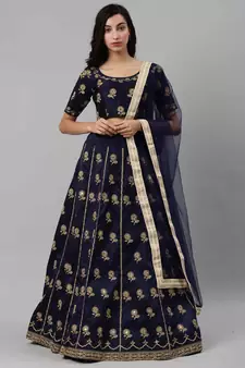 SHUBHKALA NAVY BLUE EMBROIDERED SILK SEMI STITCHED LEHENGA
