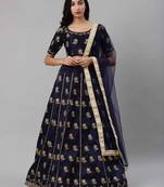 Shubhkala Navy Blue Embroidered Silk Semi Stitched Lehenga