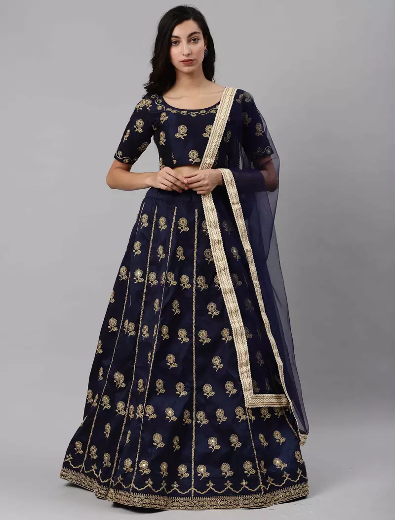 SHUBHKALA NAVY BLUE EMBROIDERED SILK SEMI STITCHED LEHENGA