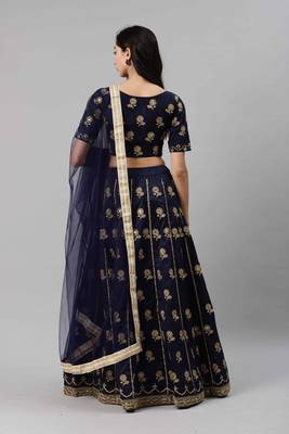 Shubhkala Navy Blue Embroidered Silk Semi Stitched Lehenga 2