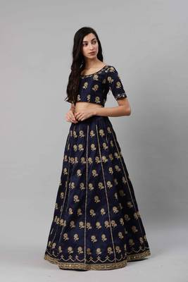 Shubhkala Navy Blue Embroidered Silk Semi Stitched Lehenga 3