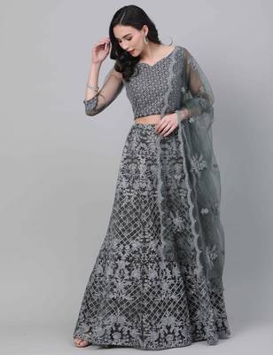 Shubhkala Grey Embroidered Net Semi Stitched Lehenga 1
