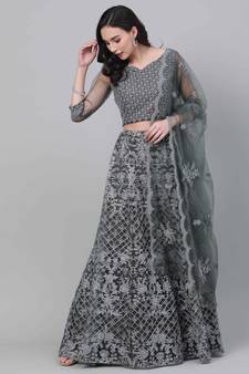Shubhkala Grey Embroidered Net Semi Stitched Lehenga