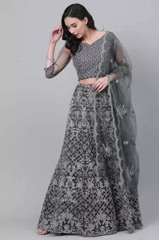 SHUBHKALA GREY EMBROIDERED NET SEMI STITCHED LEHENGA