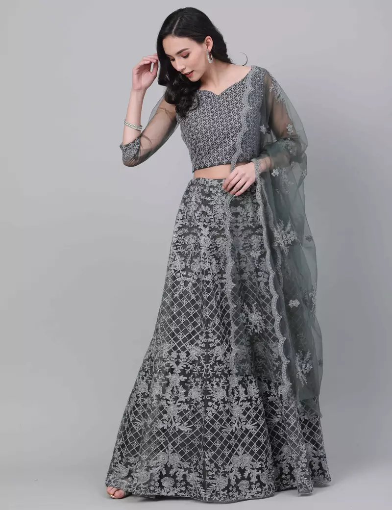 SHUBHKALA GREY EMBROIDERED NET SEMI STITCHED LEHENGA
