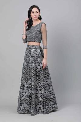 Shubhkala Grey Embroidered Net Semi Stitched Lehenga 3