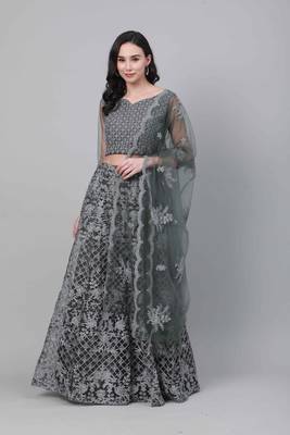 Shubhkala Grey Embroidered Net Semi Stitched Lehenga 5