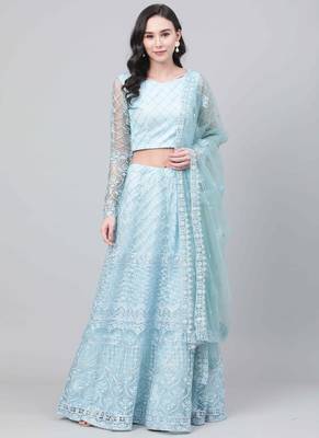 Shubhkala Sky Blue Embroidered Net Semi Stitched Lehenga 1