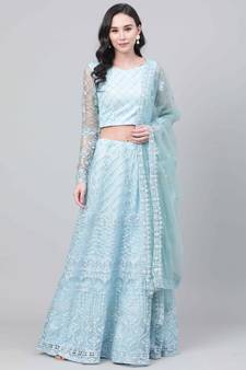 SHUBHKALA SKY-BLUE EMBROIDERED NET SEMI STITCHED LEHENGA
