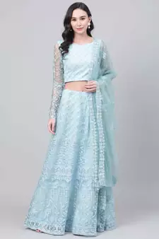 SHUBHKALA SKY-BLUE EMBROIDERED NET SEMI STITCHED LEHENGA