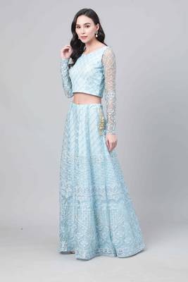 Shubhkala Sky Blue Embroidered Net Semi Stitched Lehenga 3