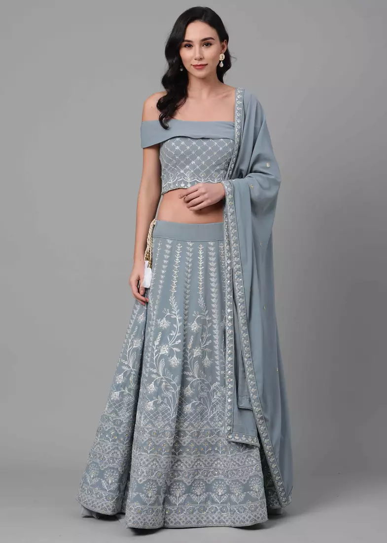 SHUBHKALA SKY-BLUE SEQUENCE embroidered GEORGET SEMI STITCHED LEHENGA