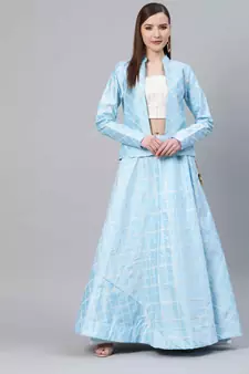 SHUBHKALA SKY-BLUE THREAD embroidered ART SILK SEMI STITCHED LEHENGA WITH KOTI