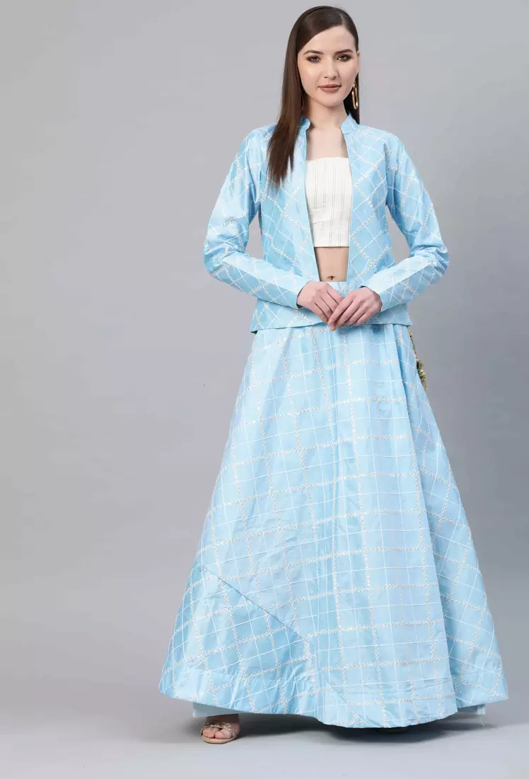 SHUBHKALA SKY-BLUE THREAD embroidered ART SILK SEMI STITCHED LEHENGA WITH KOTI