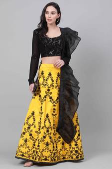 SHUBHKALA YELLOW EMBROIDERED ART SILK SEMI STITCHED LEHENGA WITH DUPATTA