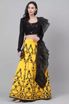 SHUBHKALA YELLOW EMBROIDERED ART SILK SEMI STITCHED LEHENGA WITH DUPATTA
